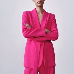 Zara Neon Fuchsia Hot Pink Tuxedo Collar Blazer Single Button Tie Waist Belted